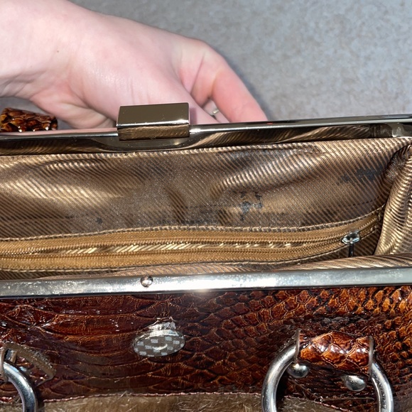 Brown Faux Fur + Faux Crocodile Skin Handbag Purse with Rhinestone Studs - Picture 5 of 7